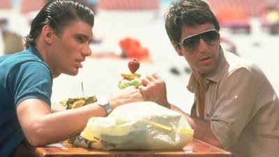 Steve Bauer as Manny Ribera and Al Pacino as Tony Montana. Scarface (1983) directed by Brian De Palma