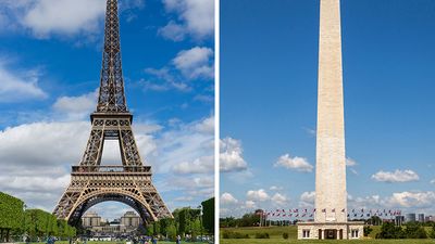(Left) Eiffel Tower; (right) Washington Monument. Combo using assets (Eiffel Tower) 245552 and (Washington Monument) 245554.