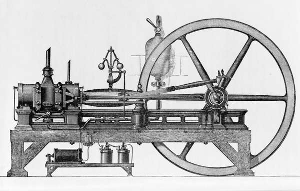 Three-horsepower internal-combustion engine fueled by coal gas and air, illustration, 1896.