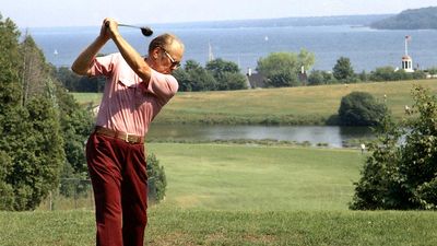 Gerald R. Ford playing golf during a working vacation on Mackinac Island in Michigan, July 13, 1975. Gerald Ford.
