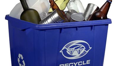 Plastic, glass, and metal containers in a recycling bin.