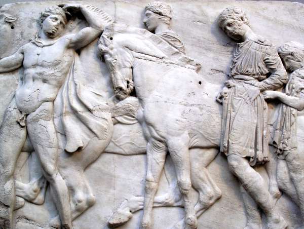Horsemen from the Parthenon frieze, Elgin Marbles. (Acropolis, Athens, Greece). Section of a frieze of the ancient Elgin Marbles (Parthenon Marbles) from the Acropolis in Athens, which were acquired for the British Government in 1816 by Lord Elgin