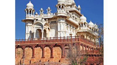 Jodhpur. Rajasthan. Jaswant Thada an architectural landmark in Jodhpur, India. A white marble memorial, built in 1899, by Sardar Singh in memory of Maharaja Jaswant Singh II. Indian architecture