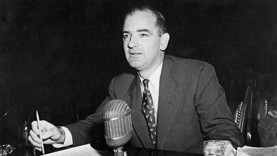 U.S. Senator Joseph McCarthy testifies before a Senate subcomittee on elections and rules in an effort to link fellow U.S. Senator William Benton to communism, 1950s.