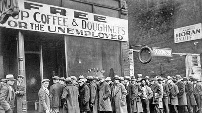 The Great Depression Unemployed men queued outside a soup kitchen opened in Chicago by Al Capone The storefront sign reads 'Free Soup