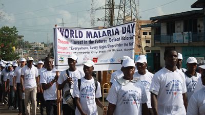 Liberian citizens and health advocates parade through downtown Monrovia on World Malaria Day, April 25, 2015. Africa disease people public health