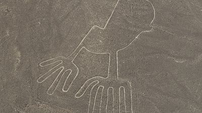 Nazca Lines showing hands, one of the geoglyphs on the Pampa Colorado, northwest of the city of Nazca, Peru. (Nasca Lines)