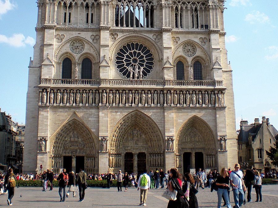 West front of Notre-Dame de Paris, France; restored by Eugene Viollet-le-Duc during the mid-19th century. (Notre Dame Cathedral, Ile de la Cite, gothic, middle ages)