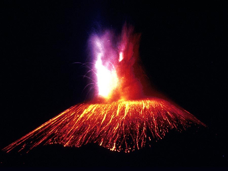 Paricutin Volcano, Mexico, in eruption at night. 1947.