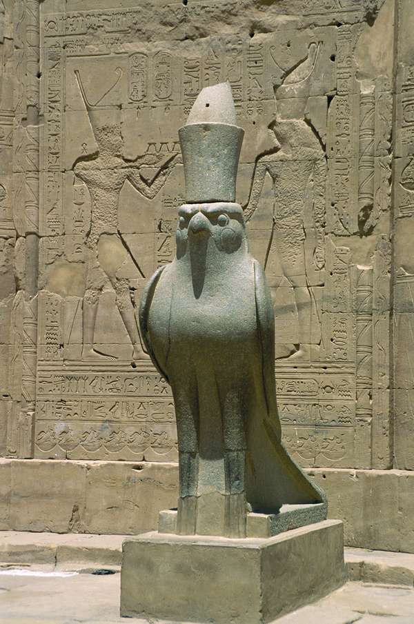 Statue of the god Horus at his temple in Idfu, Egypt. Edfu, Temple of Horus, falcon god, Hor, Behdet, Djeba,  Apollinopolis,  Atbo.