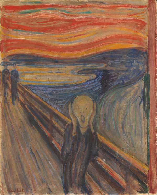 The Scream, tempera and casein pastel on cardboard by Edvard Munch, 1893; in The National Museum of Art, Architecture and Design, Oslo, Norway