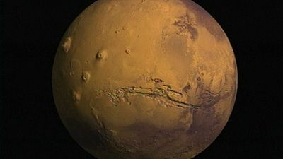 View of Mars created with data from Viking and the Mars Orbiter Laser Altimeter (MOLAi) aboard the Mars Global Surveyor