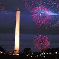 Washington Monument. Washington Monument and fireworks, Washington DC. The Monument was built as an obelisk near the west end of the National Mall to commemorate the first U.S. president, General George Washington.