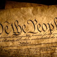Detail of a concept image of the Preamble of the U.S. Constitution. We the People