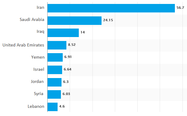 Internet users in different countries in the Middle East - June 2017